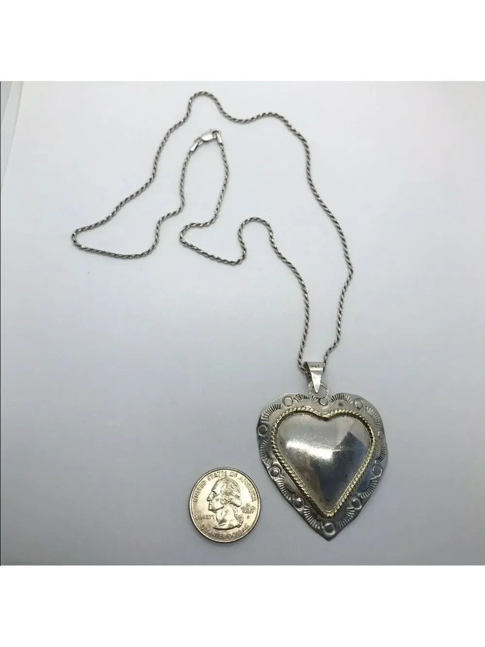 MEXICO STERLING SILVER VINTAGE HEART PENDANT BRASS WIRE DESIGN ON CHAIN …